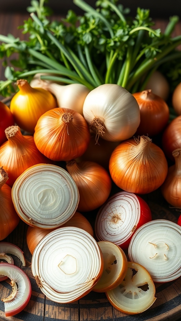 Health Benefits of Onions A colorful assortment of fresh onions on a wooden table, highlighting their health benefits.